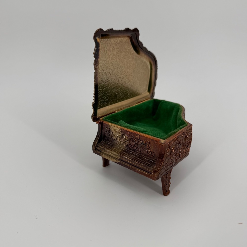 Vintage Mele Piano Jewelry Box Green Lucite Lid Ornate Rose Metal Trinket Japan